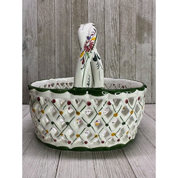 Vtg Holu Painted Lattice Basket Oval Ceramic with Braid Handle Portugal 7" Tall - Picture 4 of 10
